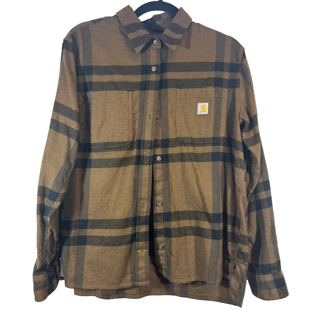 Carhartt Flannel Shirt Womens M (8-10 Plaid Rugged Flex Loose Midweight Logo A23